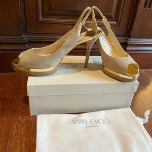 Jimmy Choo Suede/ Mirror Leather Nude Gold Heel